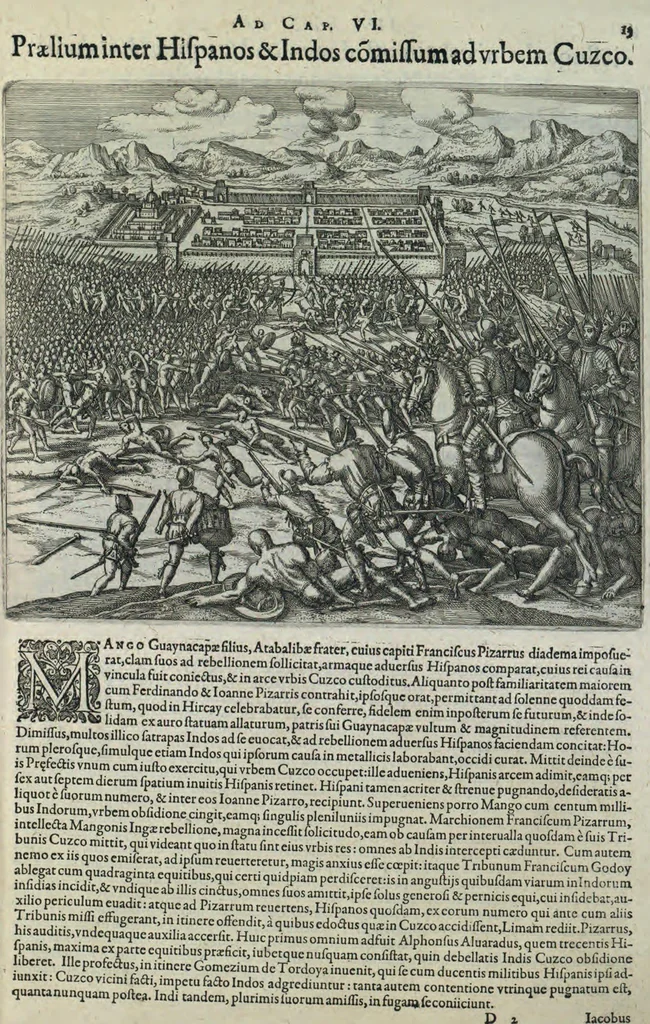An illustration from Americae pars sexta, sive, Historiae ab Hieronymo Be[n]zono Mediolane[n]se scriptae, sectio tertia, res no[n] minus nobiles & admiratione plenas continens, quàm praecedentes duae : in hac enim reperies, qua ratione Hispani opule[n]tissimas illas Peruäni regni provincias occuparint, capto Rege Atabaliba, dei[n]de orta inter ipsos Hispanos in eo regno civilia bella : additus est brevis de Fortunatis insulis co[m]mentariolus in duo capita distinctus : item additiones ad singula capita historiam illustrantes : accessit Peruäni regni chorographica tabula, 1596, leaf 146