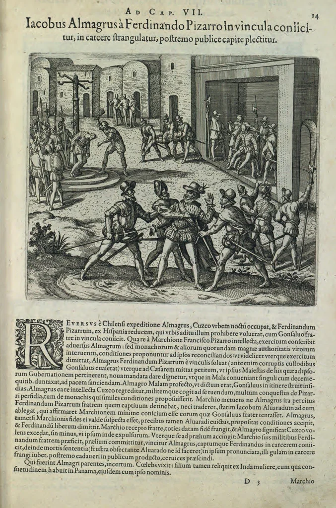 An illustration from Americae pars sexta, sive, Historiae ab Hieronymo Be[n]zono Mediolane[n]se scriptae, sectio tertia, res no[n] minus nobiles & admiratione plenas continens, quàm praecedentes duae : in hac enim reperies, qua ratione Hispani opule[n]tissimas illas Peruäni regni provincias occuparint, capto Rege Atabaliba, dei[n]de orta inter ipsos Hispanos in eo regno civilia bella : additus est brevis de Fortunatis insulis co[m]mentariolus in duo capita distinctus : item additiones ad singula capita historiam illustrantes : accessit Peruäni regni chorographica tabula, 1596, leaf 148