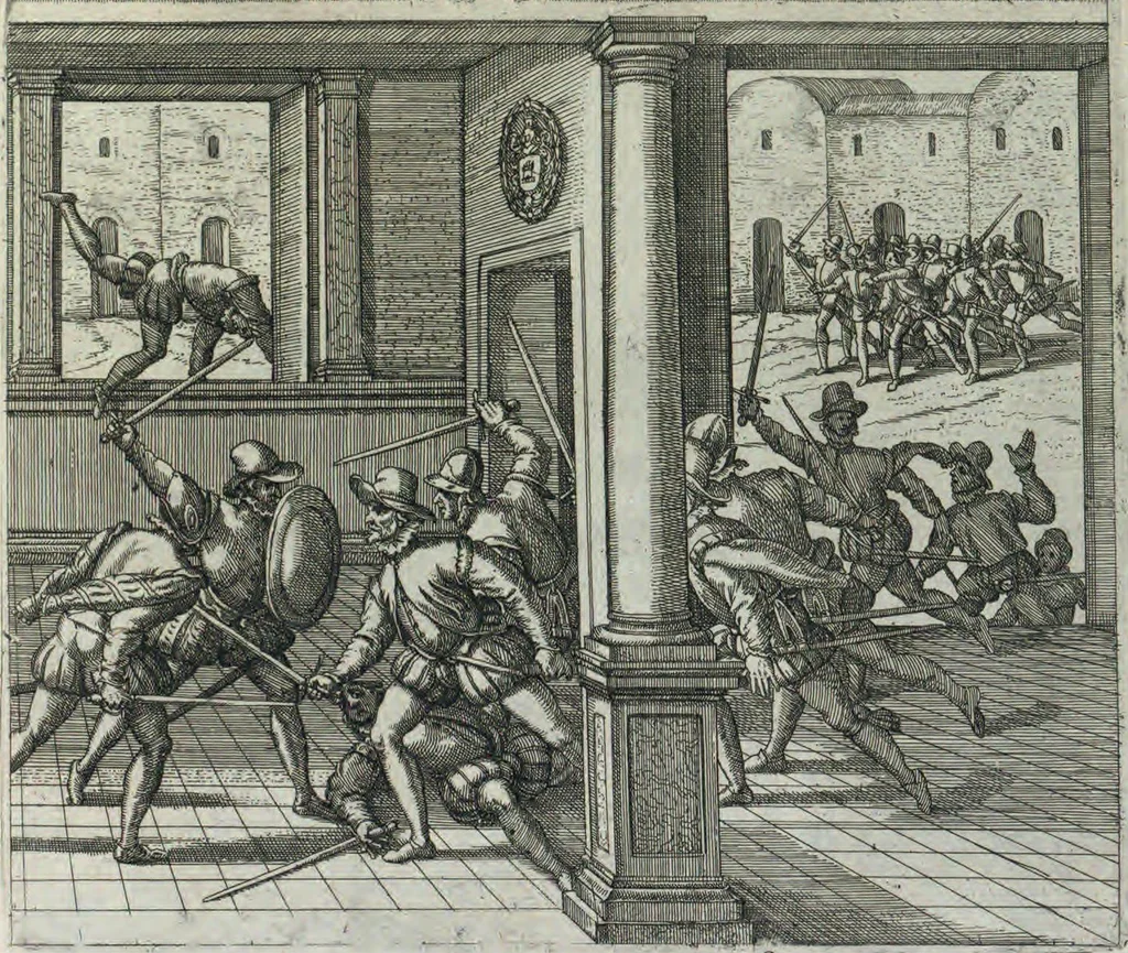 An illustration from Americae pars sexta, sive, Historiae ab Hieronymo Be[n]zono Mediolane[n]se scriptae, sectio tertia, res no[n] minus nobiles & admiratione plenas continens, quàm praecedentes duae : in hac enim reperies, qua ratione Hispani opule[n]tissimas illas Peruäni regni provincias occuparint, capto Rege Atabaliba, dei[n]de orta inter ipsos Hispanos in eo regno civilia bella : additus est brevis de Fortunatis insulis co[m]mentariolus in duo capita distinctus : item additiones ad singula capita historiam illustrantes : accessit Peruäni regni chorographica tabula, 1596, leaf 150
