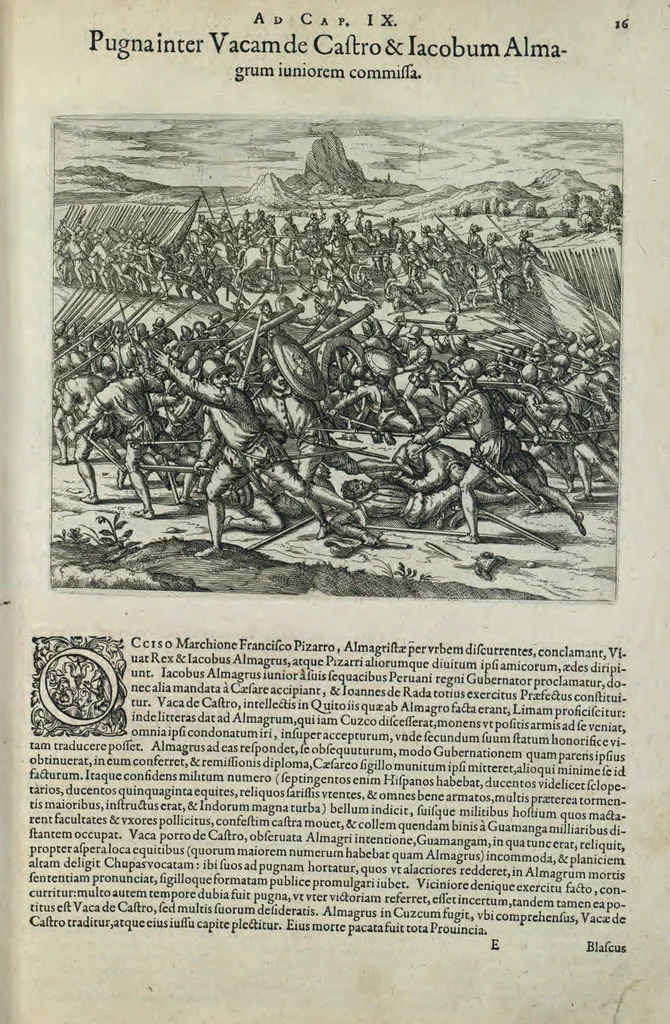 An illustration from Americae pars sexta, sive, Historiae ab Hieronymo Be[n]zono Mediolane[n]se scriptae, sectio tertia, res no[n] minus nobiles & admiratione plenas continens, quàm praecedentes duae : in hac enim reperies, qua ratione Hispani opule[n]tissimas illas Peruäni regni provincias occuparint, capto Rege Atabaliba, dei[n]de orta inter ipsos Hispanos in eo regno civilia bella : additus est brevis de Fortunatis insulis co[m]mentariolus in duo capita distinctus : item additiones ad singula capita historiam illustrantes : accessit Peruäni regni chorographica tabula, 1596, leaf 152
