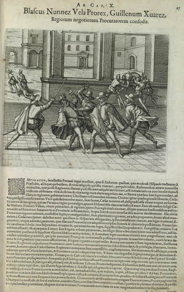 An illustration from Americae pars sexta, sive, Historiae ab Hieronymo Be[n]zono Mediolane[n]se scriptae, sectio tertia, res no[n] minus nobiles & admiratione plenas continens, quàm praecedentes duae : in hac enim reperies, qua ratione Hispani opule[n]tissimas illas Peruäni regni provincias occuparint, capto Rege Atabaliba, dei[n]de orta inter ipsos Hispanos in eo regno civilia bella : additus est brevis de Fortunatis insulis co[m]mentariolus in duo capita distinctus : item additiones ad singula capita historiam illustrantes : accessit Peruäni regni chorographica tabula, 1596, leaf 154
