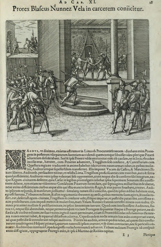 An illustration from Americae pars sexta, sive, Historiae ab Hieronymo Be[n]zono Mediolane[n]se scriptae, sectio tertia, res no[n] minus nobiles & admiratione plenas continens, quàm praecedentes duae : in hac enim reperies, qua ratione Hispani opule[n]tissimas illas Peruäni regni provincias occuparint, capto Rege Atabaliba, dei[n]de orta inter ipsos Hispanos in eo regno civilia bella : additus est brevis de Fortunatis insulis co[m]mentariolus in duo capita distinctus : item additiones ad singula capita historiam illustrantes : accessit Peruäni regni chorographica tabula, 1596, leaf 156