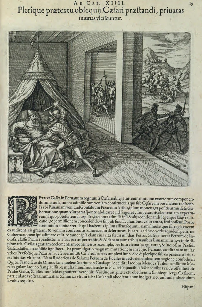 An illustration from Americae pars sexta, sive, Historiae ab Hieronymo Be[n]zono Mediolane[n]se scriptae, sectio tertia, res no[n] minus nobiles & admiratione plenas continens, quàm praecedentes duae : in hac enim reperies, qua ratione Hispani opule[n]tissimas illas Peruäni regni provincias occuparint, capto Rege Atabaliba, dei[n]de orta inter ipsos Hispanos in eo regno civilia bella : additus est brevis de Fortunatis insulis co[m]mentariolus in duo capita distinctus : item additiones ad singula capita historiam illustrantes : accessit Peruäni regni chorographica tabula, 1596, leaf 158