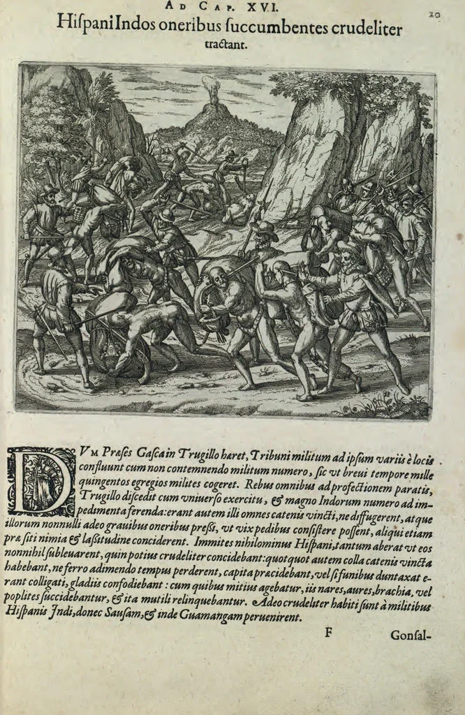 An illustration from Americae pars sexta, sive, Historiae ab Hieronymo Be[n]zono Mediolane[n]se scriptae, sectio tertia, res no[n] minus nobiles & admiratione plenas continens, quàm praecedentes duae : in hac enim reperies, qua ratione Hispani opule[n]tissimas illas Peruäni regni provincias occuparint, capto Rege Atabaliba, dei[n]de orta inter ipsos Hispanos in eo regno civilia bella : additus est brevis de Fortunatis insulis co[m]mentariolus in duo capita distinctus : item additiones ad singula capita historiam illustrantes : accessit Peruäni regni chorographica tabula, 1596, leaf 160
