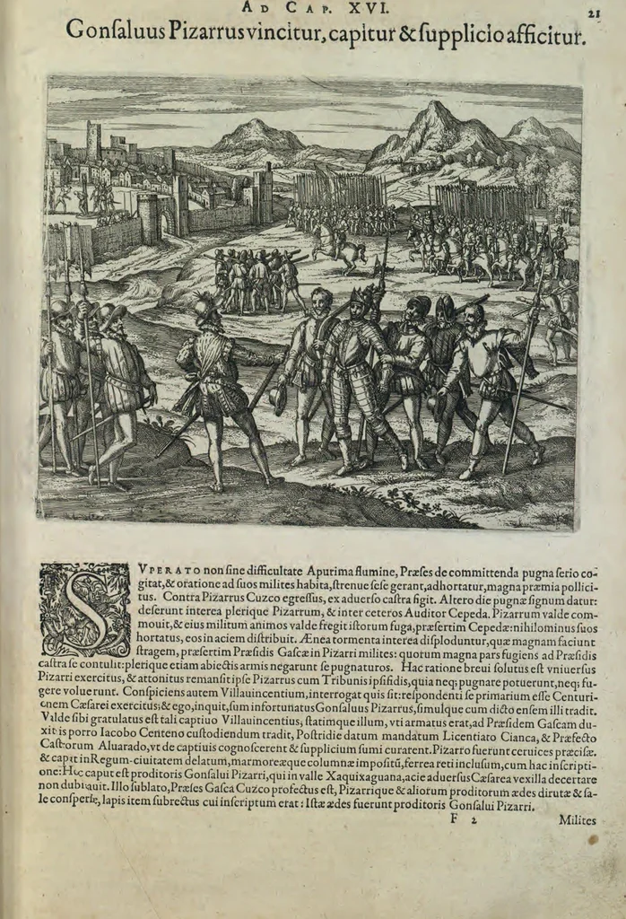 An illustration from Americae pars sexta, sive, Historiae ab Hieronymo Be[n]zono Mediolane[n]se scriptae, sectio tertia, res no[n] minus nobiles & admiratione plenas continens, quàm praecedentes duae : in hac enim reperies, qua ratione Hispani opule[n]tissimas illas Peruäni regni provincias occuparint, capto Rege Atabaliba, dei[n]de orta inter ipsos Hispanos in eo regno civilia bella : additus est brevis de Fortunatis insulis co[m]mentariolus in duo capita distinctus : item additiones ad singula capita historiam illustrantes : accessit Peruäni regni chorographica tabula, 1596, leaf 162