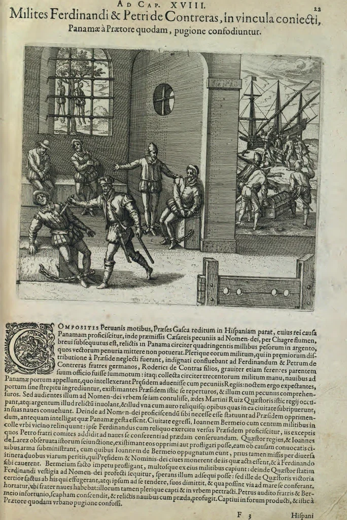 An illustration from Americae pars sexta, sive, Historiae ab Hieronymo Be[n]zono Mediolane[n]se scriptae, sectio tertia, res no[n] minus nobiles & admiratione plenas continens, quàm praecedentes duae : in hac enim reperies, qua ratione Hispani opule[n]tissimas illas Peruäni regni provincias occuparint, capto Rege Atabaliba, dei[n]de orta inter ipsos Hispanos in eo regno civilia bella : additus est brevis de Fortunatis insulis co[m]mentariolus in duo capita distinctus : item additiones ad singula capita historiam illustrantes : accessit Peruäni regni chorographica tabula, 1596, leaf 164