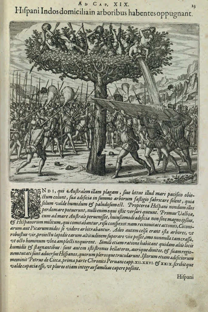An illustration from Americae pars sexta, sive, Historiae ab Hieronymo Be[n]zono Mediolane[n]se scriptae, sectio tertia, res no[n] minus nobiles & admiratione plenas continens, quàm praecedentes duae : in hac enim reperies, qua ratione Hispani opule[n]tissimas illas Peruäni regni provincias occuparint, capto Rege Atabaliba, dei[n]de orta inter ipsos Hispanos in eo regno civilia bella : additus est brevis de Fortunatis insulis co[m]mentariolus in duo capita distinctus : item additiones ad singula capita historiam illustrantes : accessit Peruäni regni chorographica tabula, 1596, leaf 166