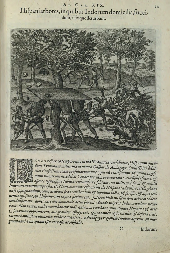 An illustration from Americae pars sexta, sive, Historiae ab Hieronymo Be[n]zono Mediolane[n]se scriptae, sectio tertia, res no[n] minus nobiles & admiratione plenas continens, quàm praecedentes duae : in hac enim reperies, qua ratione Hispani opule[n]tissimas illas Peruäni regni provincias occuparint, capto Rege Atabaliba, dei[n]de orta inter ipsos Hispanos in eo regno civilia bella : additus est brevis de Fortunatis insulis co[m]mentariolus in duo capita distinctus : item additiones ad singula capita historiam illustrantes : accessit Peruäni regni chorographica tabula, 1596, leaf 168