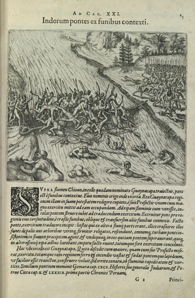 An illustration from Americae pars sexta, sive, Historiae ab Hieronymo Be[n]zono Mediolane[n]se scriptae, sectio tertia, res no[n] minus nobiles & admiratione plenas continens, quàm praecedentes duae : in hac enim reperies, qua ratione Hispani opule[n]tissimas illas Peruäni regni provincias occuparint, capto Rege Atabaliba, dei[n]de orta inter ipsos Hispanos in eo regno civilia bella : additus est brevis de Fortunatis insulis co[m]mentariolus in duo capita distinctus : item additiones ad singula capita historiam illustrantes : accessit Peruäni regni chorographica tabula, 1596, leaf 170