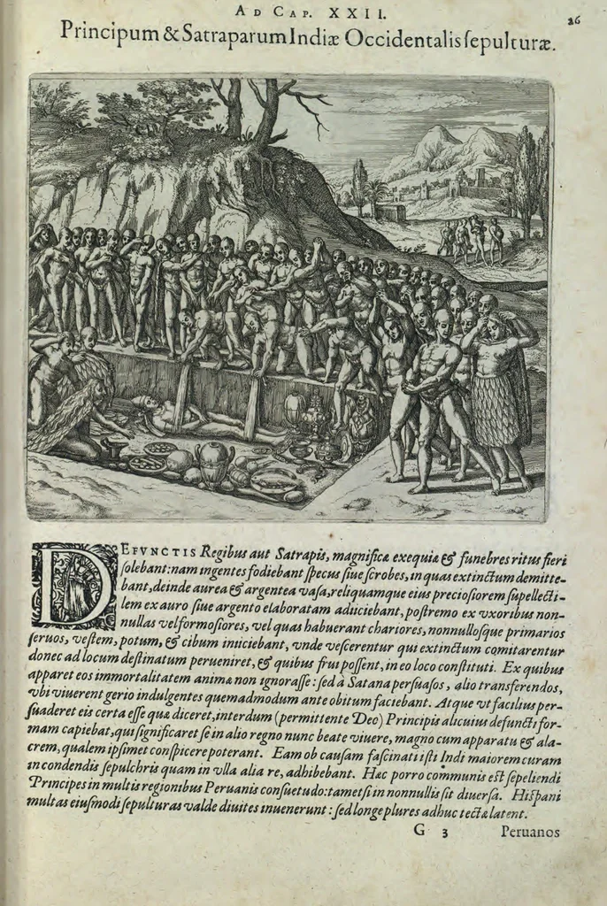 An illustration from Americae pars sexta, sive, Historiae ab Hieronymo Be[n]zono Mediolane[n]se scriptae, sectio tertia, res no[n] minus nobiles & admiratione plenas continens, quàm praecedentes duae : in hac enim reperies, qua ratione Hispani opule[n]tissimas illas Peruäni regni provincias occuparint, capto Rege Atabaliba, dei[n]de orta inter ipsos Hispanos in eo regno civilia bella : additus est brevis de Fortunatis insulis co[m]mentariolus in duo capita distinctus : item additiones ad singula capita historiam illustrantes : accessit Peruäni regni chorographica tabula, 1596, leaf 172