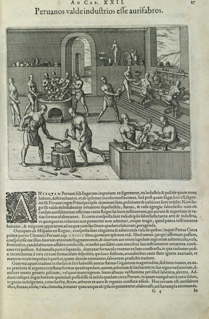 An illustration from Americae pars sexta, sive, Historiae ab Hieronymo Be[n]zono Mediolane[n]se scriptae, sectio tertia, res no[n] minus nobiles & admiratione plenas continens, quàm praecedentes duae : in hac enim reperies, qua ratione Hispani opule[n]tissimas illas Peruäni regni provincias occuparint, capto Rege Atabaliba, dei[n]de orta inter ipsos Hispanos in eo regno civilia bella : additus est brevis de Fortunatis insulis co[m]mentariolus in duo capita distinctus : item additiones ad singula capita historiam illustrantes : accessit Peruäni regni chorographica tabula, 1596, leaf 174