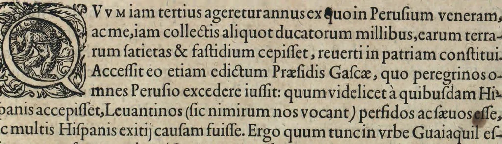 An illustration from Americae pars sexta, sive, Historiae ab Hieronymo Be[n]zono Mediolane[n]se scriptae, sectio tertia, res no[n] minus nobiles & admiratione plenas continens, quàm praecedentes duae : in hac enim reperies, qua ratione Hispani opule[n]tissimas illas Peruäni regni provincias occuparint, capto Rege Atabaliba, dei[n]de orta inter ipsos Hispanos in eo regno civilia bella : additus est brevis de Fortunatis insulis co[m]mentariolus in duo capita distinctus : item additiones ad singula capita historiam illustrantes : accessit Peruäni regni chorographica tabula, 1596, leaf 82