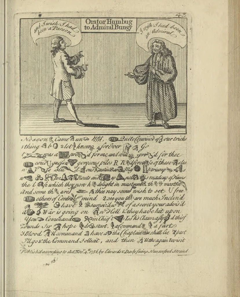 An illustration from A political and satirical history of the years 1756, 1757, 1758, 1759, 1760, 1761, and 1762. : In a series of 112 humourous and entertaining prints. Contraining all the most remarkable transactions, characters and caricatures of those memorable years. To which is annexed, an explanatory account or key to every print, 1762, leaf 114