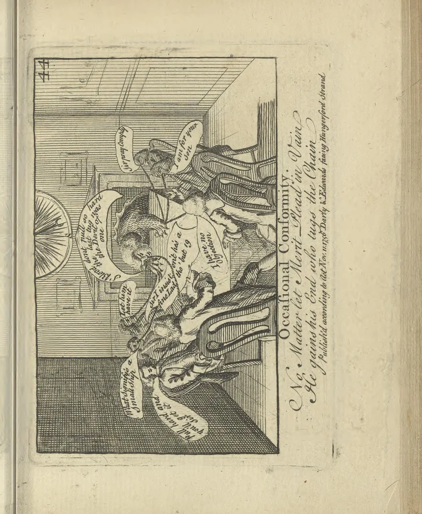 An illustration from A political and satirical history of the years 1756, 1757, 1758, 1759, 1760, 1761, and 1762. : In a series of 112 humourous and entertaining prints. Contraining all the most remarkable transactions, characters and caricatures of those memorable years. To which is annexed, an explanatory account or key to every print, 1762, leaf 116