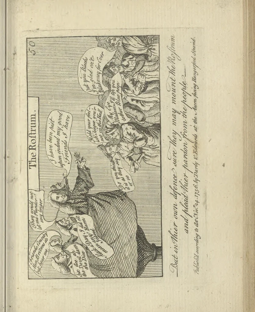 An illustration from A political and satirical history of the years 1756, 1757, 1758, 1759, 1760, 1761, and 1762. : In a series of 112 humourous and entertaining prints. Contraining all the most remarkable transactions, characters and caricatures of those memorable years. To which is annexed, an explanatory account or key to every print, 1762, leaf 128