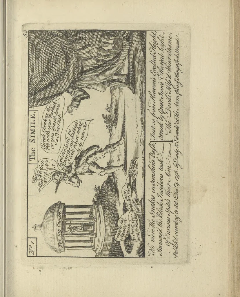An illustration from A political and satirical history of the years 1756, 1757, 1758, 1759, 1760, 1761, and 1762. : In a series of 112 humourous and entertaining prints. Contraining all the most remarkable transactions, characters and caricatures of those memorable years. To which is annexed, an explanatory account or key to every print, 1762, leaf 134