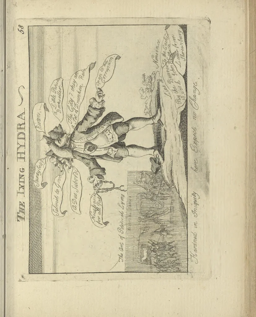 An illustration from A political and satirical history of the years 1756, 1757, 1758, 1759, 1760, 1761, and 1762. : In a series of 112 humourous and entertaining prints. Contraining all the most remarkable transactions, characters and caricatures of those memorable years. To which is annexed, an explanatory account or key to every print, 1762, leaf 144