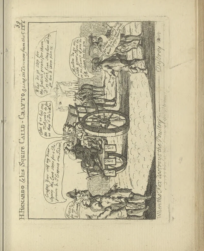 An illustration from A political and satirical history of the years 1756, 1757, 1758, 1759, 1760, 1761, and 1762. : In a series of 112 humourous and entertaining prints. Contraining all the most remarkable transactions, characters and caricatures of those memorable years. To which is annexed, an explanatory account or key to every print, 1762, leaf 146