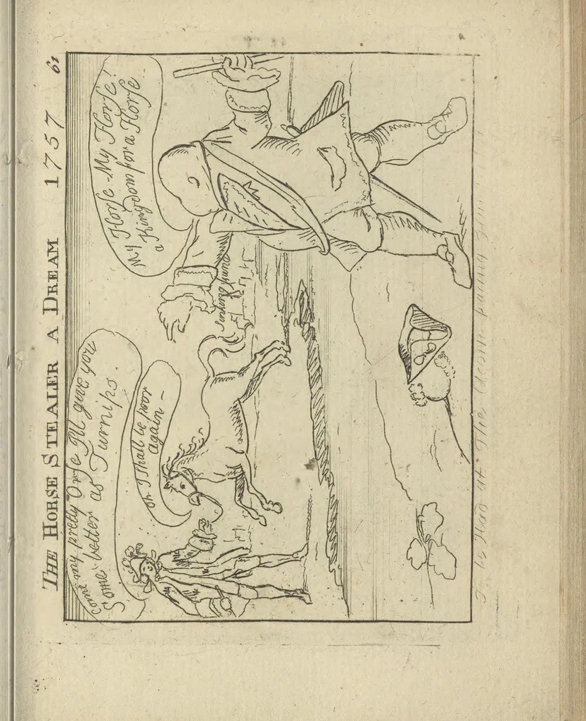An illustration from A political and satirical history of the years 1756, 1757, 1758, 1759, 1760, 1761, and 1762. : In a series of 112 humourous and entertaining prints. Contraining all the most remarkable transactions, characters and caricatures of those memorable years. To which is annexed, an explanatory account or key to every print, 1762, leaf 150