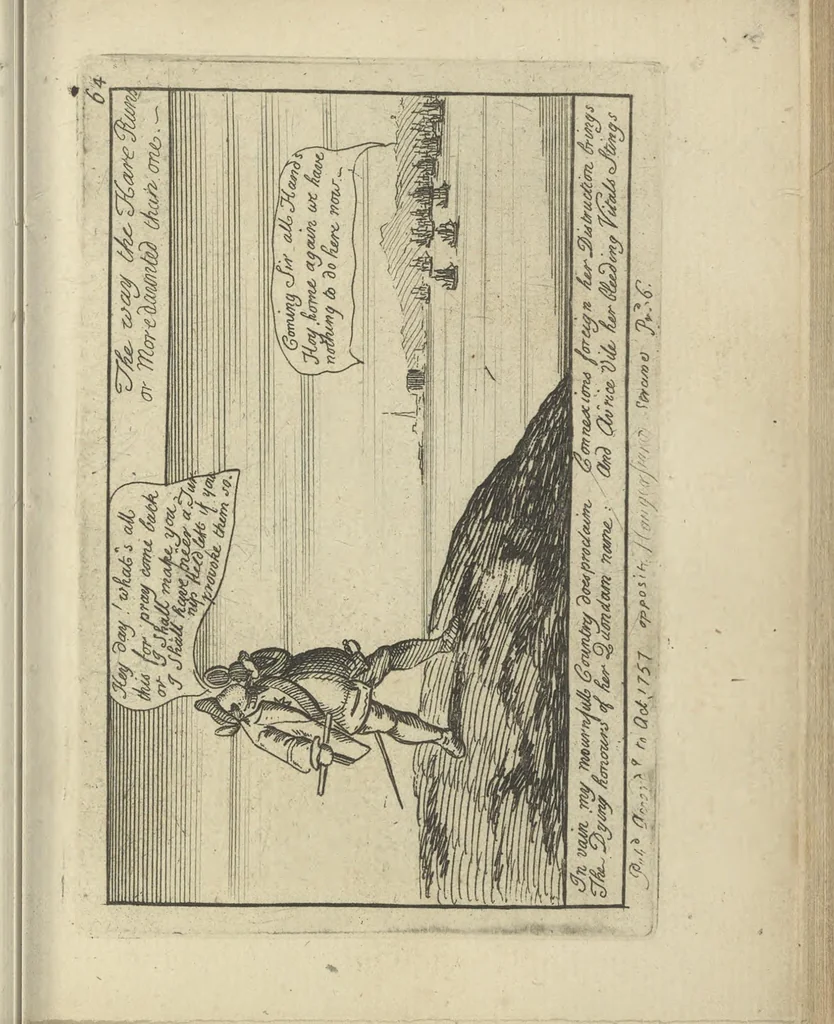 An illustration from A political and satirical history of the years 1756, 1757, 1758, 1759, 1760, 1761, and 1762. : In a series of 112 humourous and entertaining prints. Contraining all the most remarkable transactions, characters and caricatures of those memorable years. To which is annexed, an explanatory account or key to every print, 1762, leaf 156