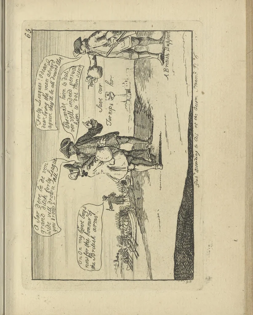 An illustration from A political and satirical history of the years 1756, 1757, 1758, 1759, 1760, 1761, and 1762. : In a series of 112 humourous and entertaining prints. Contraining all the most remarkable transactions, characters and caricatures of those memorable years. To which is annexed, an explanatory account or key to every print, 1762, leaf 158