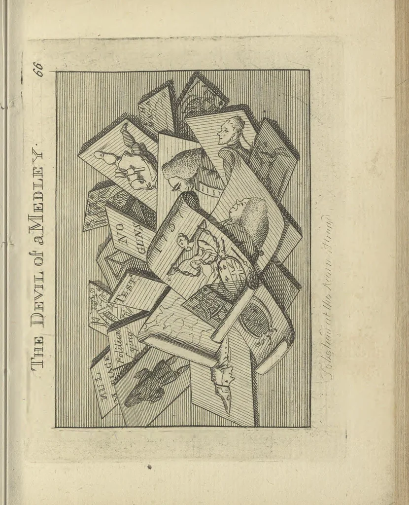 An illustration from A political and satirical history of the years 1756, 1757, 1758, 1759, 1760, 1761, and 1762. : In a series of 112 humourous and entertaining prints. Contraining all the most remarkable transactions, characters and caricatures of those memorable years. To which is annexed, an explanatory account or key to every print, 1762, leaf 160