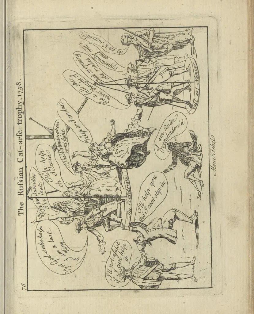 An illustration from A political and satirical history of the years 1756, 1757, 1758, 1759, 1760, 1761, and 1762. : In a series of 112 humourous and entertaining prints. Contraining all the most remarkable transactions, characters and caricatures of those memorable years. To which is annexed, an explanatory account or key to every print, 1762, leaf 180
