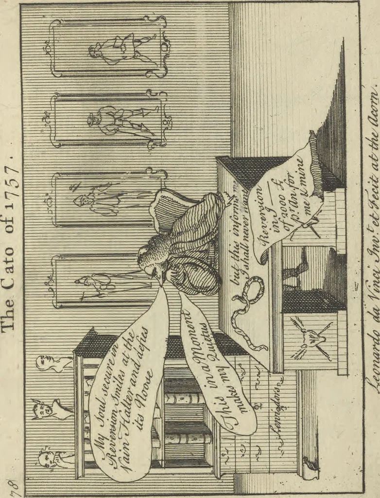 An illustration from A political and satirical history of the years 1756, 1757, 1758, 1759, 1760, 1761, and 1762. : In a series of 112 humourous and entertaining prints. Contraining all the most remarkable transactions, characters and caricatures of those memorable years. To which is annexed, an explanatory account or key to every print, 1762, leaf 184