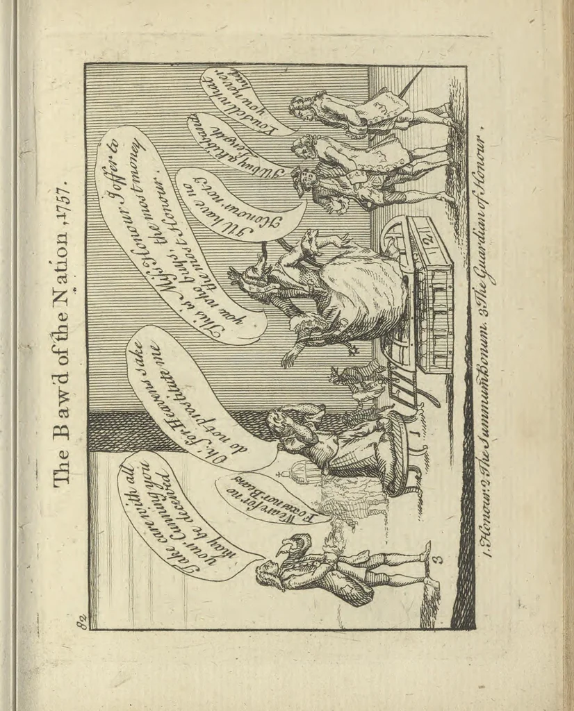 An illustration from A political and satirical history of the years 1756, 1757, 1758, 1759, 1760, 1761, and 1762. : In a series of 112 humourous and entertaining prints. Contraining all the most remarkable transactions, characters and caricatures of those memorable years. To which is annexed, an explanatory account or key to every print, 1762, leaf 192