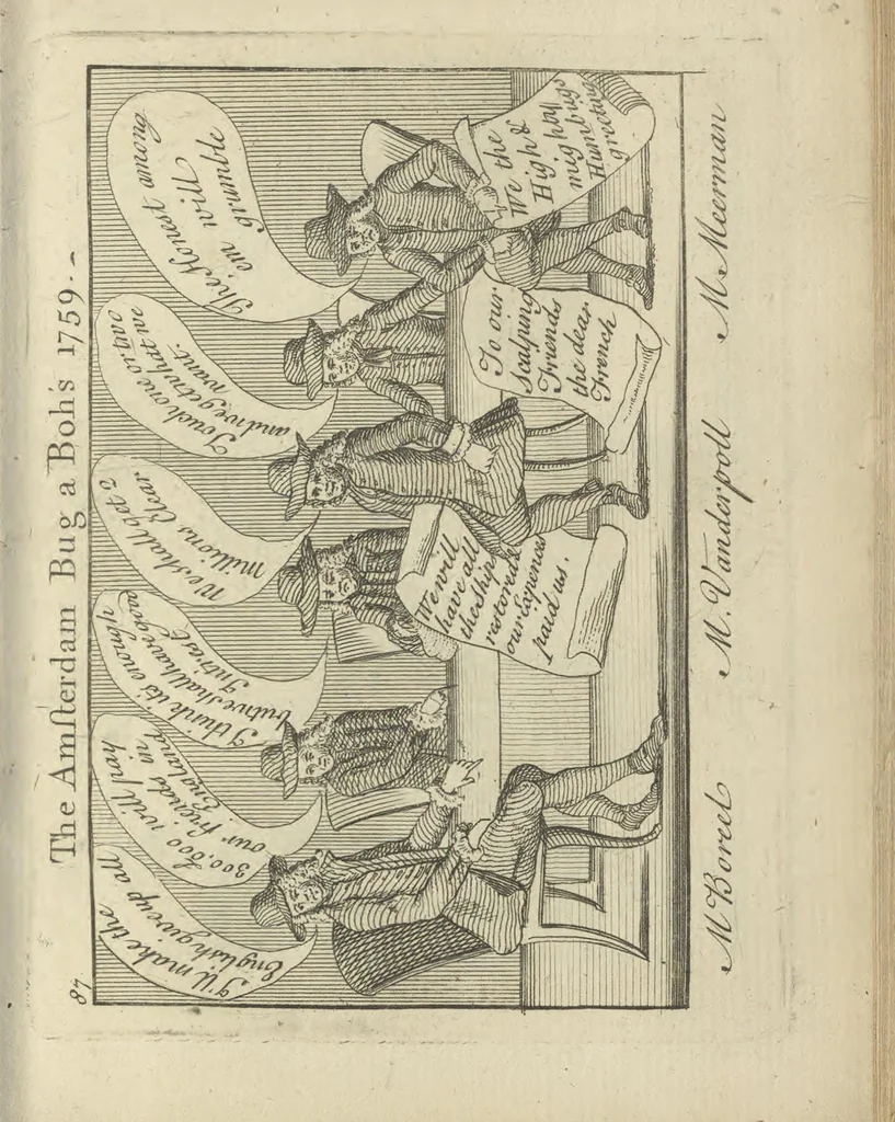 An illustration from A political and satirical history of the years 1756, 1757, 1758, 1759, 1760, 1761, and 1762. : In a series of 112 humourous and entertaining prints. Contraining all the most remarkable transactions, characters and caricatures of those memorable years. To which is annexed, an explanatory account or key to every print, 1762, leaf 202