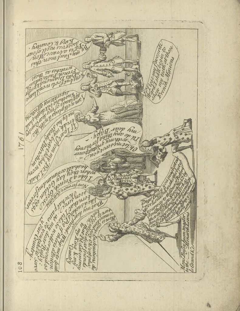 An illustration from A political and satirical history of the years 1756, 1757, 1758, 1759, 1760, 1761, and 1762. : In a series of 112 humourous and entertaining prints. Contraining all the most remarkable transactions, characters and caricatures of those memorable years. To which is annexed, an explanatory account or key to every print, 1762, leaf 252