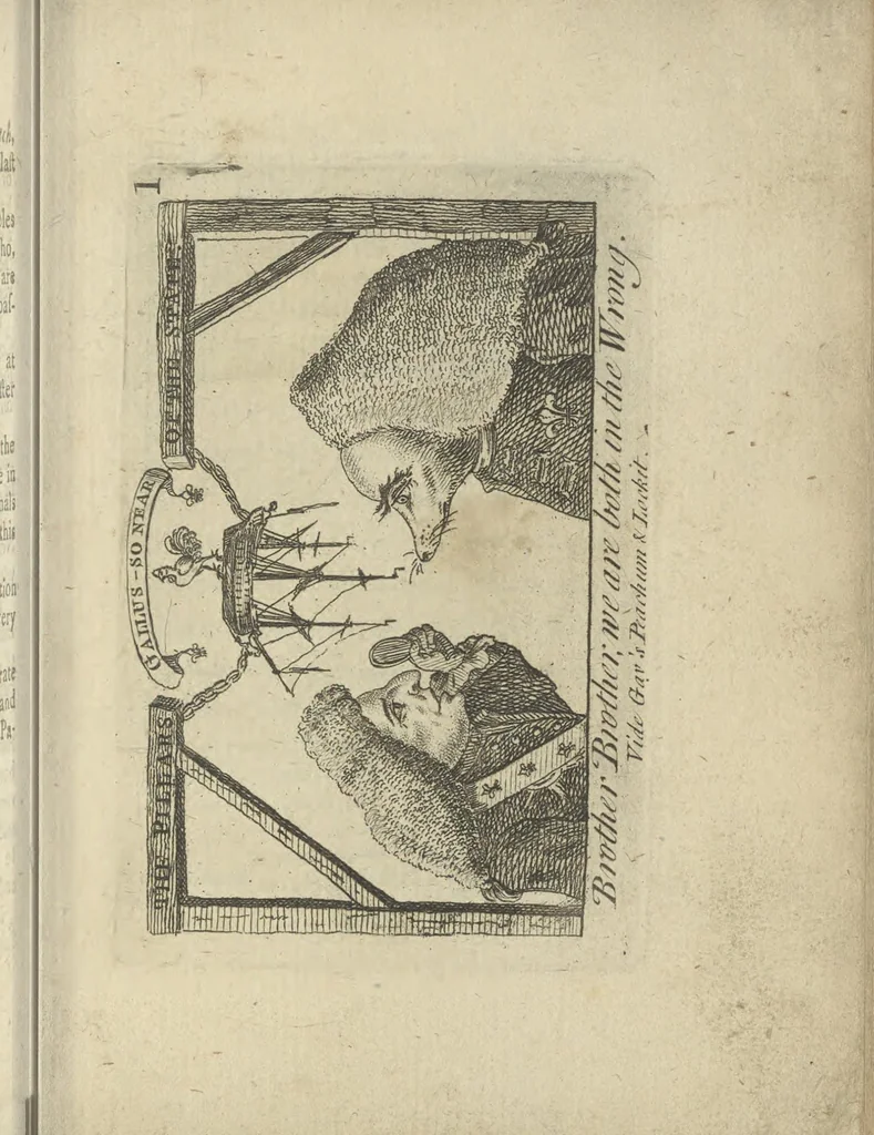 An illustration from A political and satirical history of the years 1756, 1757, 1758, 1759, 1760, 1761, and 1762. : In a series of 112 humourous and entertaining prints. Contraining all the most remarkable transactions, characters and caricatures of those memorable years. To which is annexed, an explanatory account or key to every print, 1762, leaf 30
