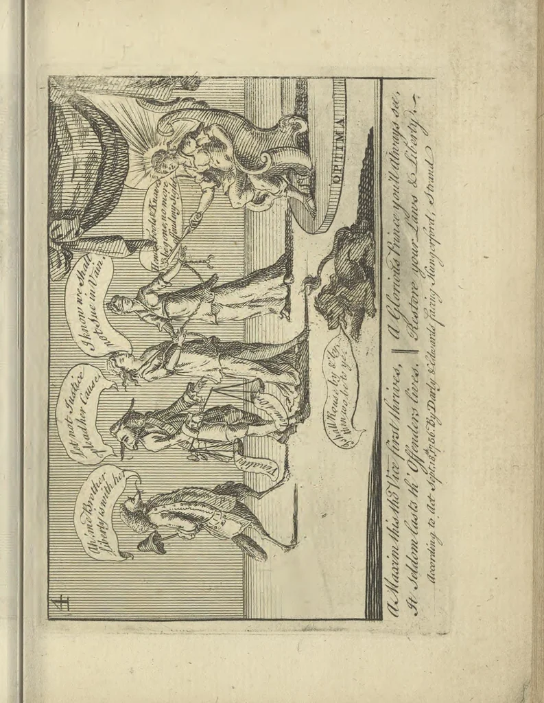 An illustration from A political and satirical history of the years 1756, 1757, 1758, 1759, 1760, 1761, and 1762. : In a series of 112 humourous and entertaining prints. Contraining all the most remarkable transactions, characters and caricatures of those memorable years. To which is annexed, an explanatory account or key to every print, 1762, leaf 36
