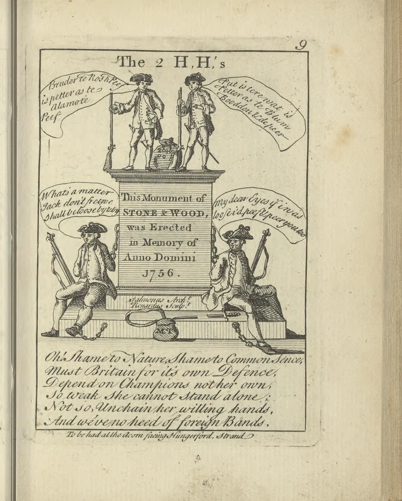 An illustration from A political and satirical history of the years 1756, 1757, 1758, 1759, 1760, 1761, and 1762. : In a series of 112 humourous and entertaining prints. Contraining all the most remarkable transactions, characters and caricatures of those memorable years. To which is annexed, an explanatory account or key to every print, 1762, leaf 46