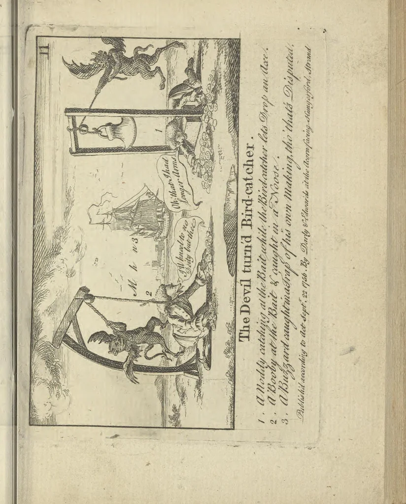 An illustration from A political and satirical history of the years 1756, 1757, 1758, 1759, 1760, 1761, and 1762. : In a series of 112 humourous and entertaining prints. Contraining all the most remarkable transactions, characters and caricatures of those memorable years. To which is annexed, an explanatory account or key to every print, 1762, leaf 50