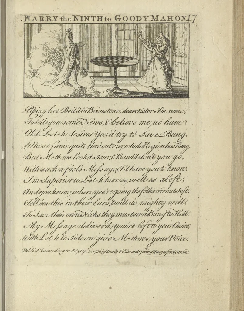 An illustration from A political and satirical history of the years 1756, 1757, 1758, 1759, 1760, 1761, and 1762. : In a series of 112 humourous and entertaining prints. Contraining all the most remarkable transactions, characters and caricatures of those memorable years. To which is annexed, an explanatory account or key to every print, 1762, leaf 62