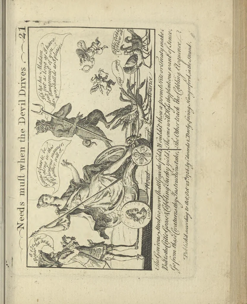 An illustration from A political and satirical history of the years 1756, 1757, 1758, 1759, 1760, 1761, and 1762. : In a series of 112 humourous and entertaining prints. Contraining all the most remarkable transactions, characters and caricatures of those memorable years. To which is annexed, an explanatory account or key to every print, 1762, leaf 70