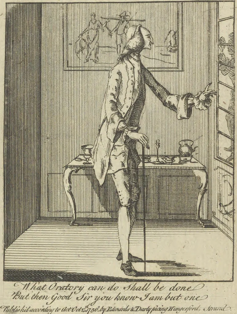 An illustration from A political and satirical history of the years 1756, 1757, 1758, 1759, 1760, 1761, and 1762. : In a series of 112 humourous and entertaining prints. Contraining all the most remarkable transactions, characters and caricatures of those memorable years. To which is annexed, an explanatory account or key to every print, 1762, leaf 82