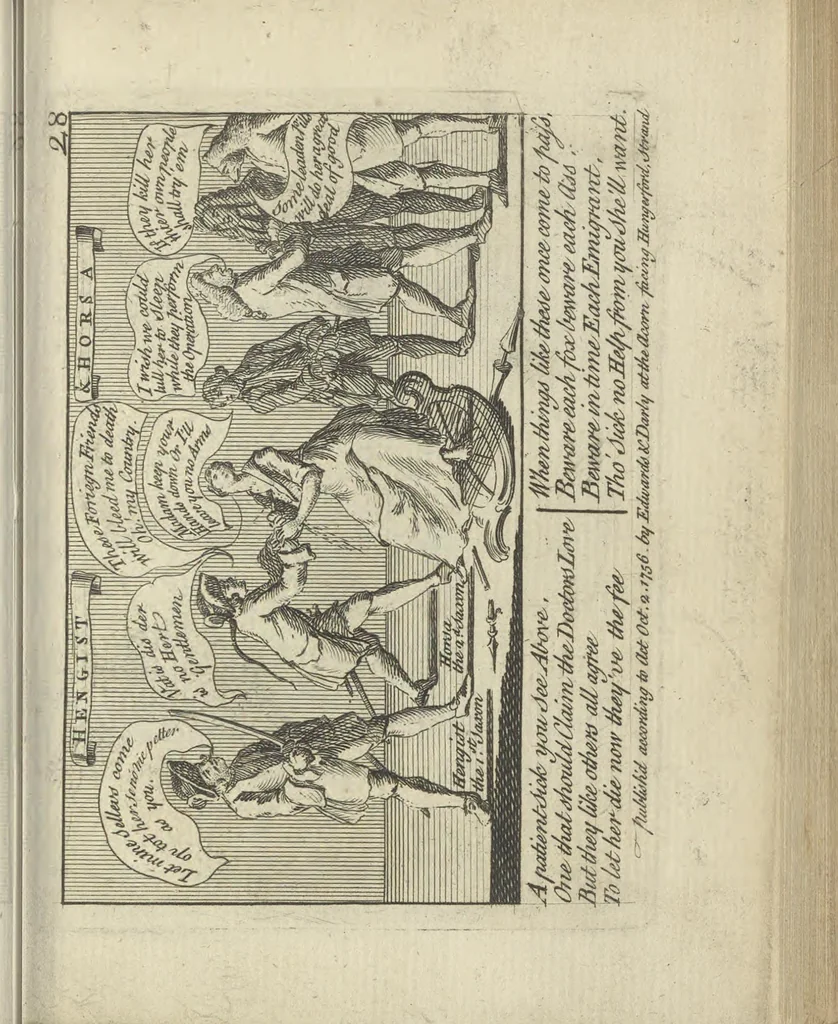 An illustration from A political and satirical history of the years 1756, 1757, 1758, 1759, 1760, 1761, and 1762. : In a series of 112 humourous and entertaining prints. Contraining all the most remarkable transactions, characters and caricatures of those memorable years. To which is annexed, an explanatory account or key to every print, 1762, leaf 84
