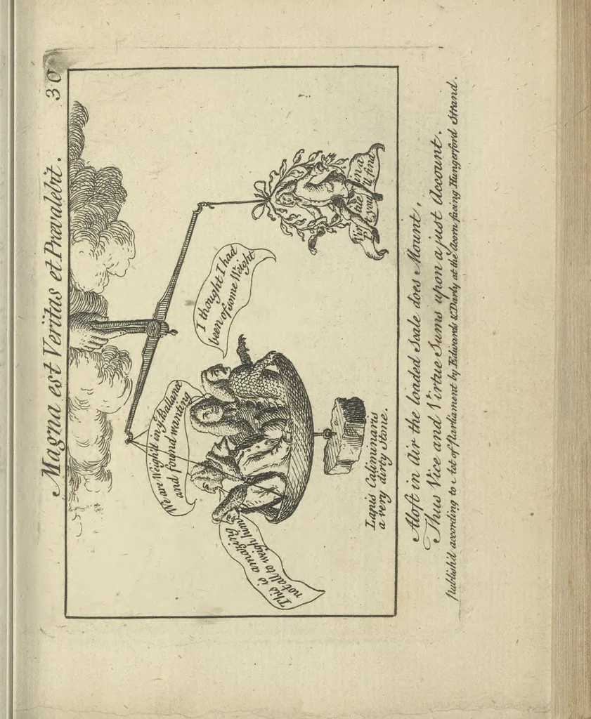 An illustration from A political and satirical history of the years 1756, 1757, 1758, 1759, 1760, 1761, and 1762. : In a series of 112 humourous and entertaining prints. Contraining all the most remarkable transactions, characters and caricatures of those memorable years. To which is annexed, an explanatory account or key to every print, 1762, leaf 88