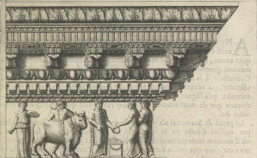 An illustration from Parallele de l'architectvre antiqve et de la moderne : avec vn recveil des dix principavx avthevrs qui ont écrit des cinq ordres ; sçauoir Palladio et Scamozzi, Serlio et Vignola, D. Barbaro et Cataneo, L.B. Alberti et Viola, Bvllant et De Lorme, comparez entre eux. Les trois ordres Grecs, le Doriqve, l'Ioniqve & le Corinthien, font la premiere partie de ce Traitté: Et les deux Latins, le Toscan & le Composite, en font la derniere, 1650, leaf 122