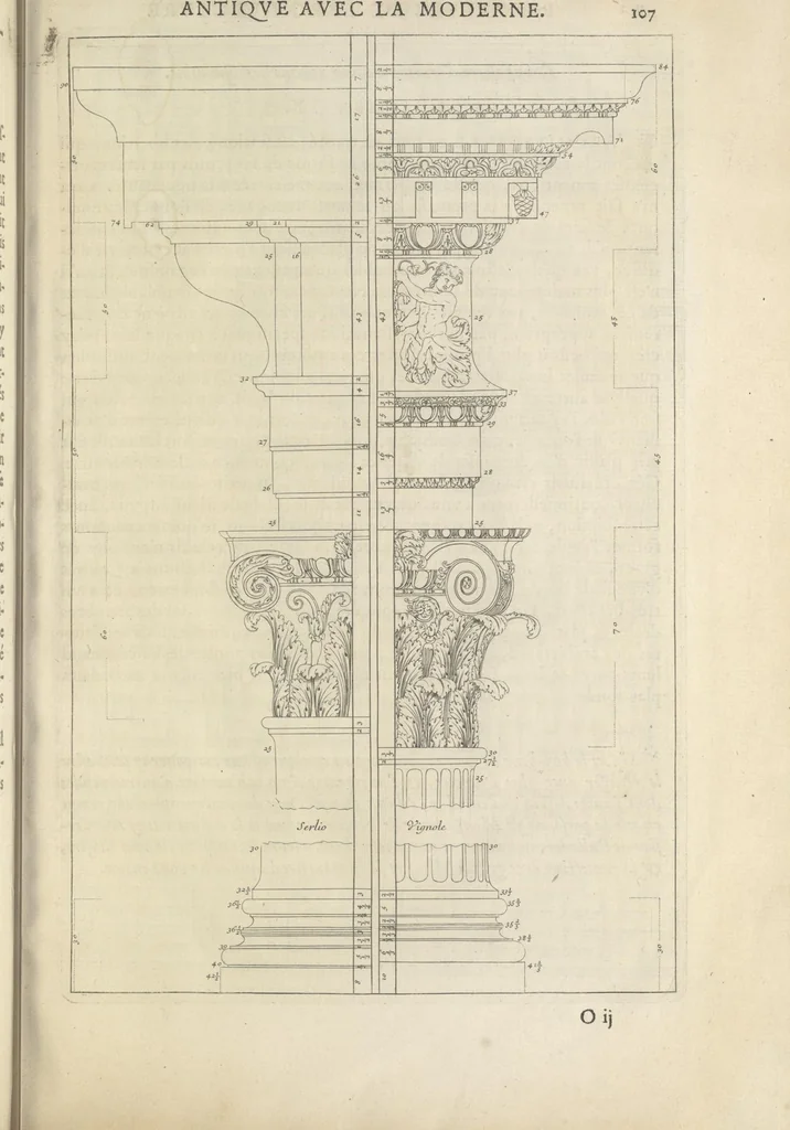 An illustration from Parallele de l'architectvre antiqve et de la moderne : avec vn recveil des dix principavx avthevrs qui ont écrit des cinq ordres ; sçauoir Palladio et Scamozzi, Serlio et Vignola, D. Barbaro et Cataneo, L.B. Alberti et Viola, Bvllant et De Lorme, comparez entre eux. Les trois ordres Grecs, le Doriqve, l'Ioniqve & le Corinthien, font la premiere partie de ce Traitté: Et les deux Latins, le Toscan & le Composite, en font la derniere, 1650, leaf 126
