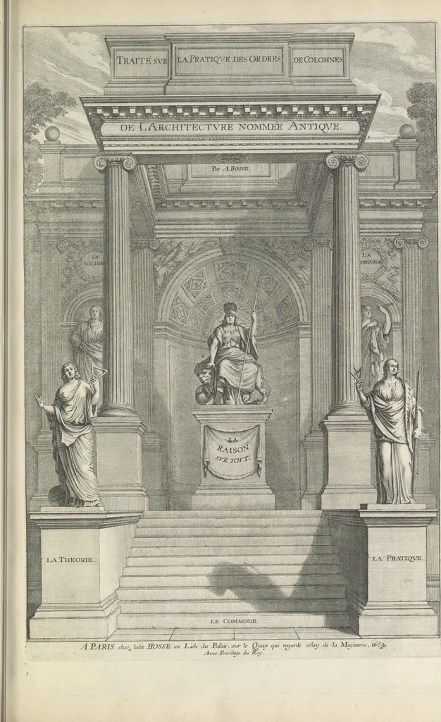 An illustration from Parallele de l'architectvre antiqve et de la moderne : avec vn recveil des dix principavx avthevrs qui ont écrit des cinq ordres ; sçauoir Palladio et Scamozzi, Serlio et Vignola, D. Barbaro et Cataneo, L.B. Alberti et Viola, Bvllant et De Lorme, comparez entre eux. Les trois ordres Grecs, le Doriqve, l'Ioniqve & le Corinthien, font la premiere partie de ce Traitté: Et les deux Latins, le Toscan & le Composite, en font la derniere, 1650, leaf 134