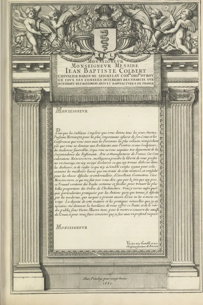 An illustration from Parallele de l'architectvre antiqve et de la moderne : avec vn recveil des dix principavx avthevrs qui ont écrit des cinq ordres ; sçauoir Palladio et Scamozzi, Serlio et Vignola, D. Barbaro et Cataneo, L.B. Alberti et Viola, Bvllant et De Lorme, comparez entre eux. Les trois ordres Grecs, le Doriqve, l'Ioniqve & le Corinthien, font la premiere partie de ce Traitté: Et les deux Latins, le Toscan & le Composite, en font la derniere, 1650, leaf 136