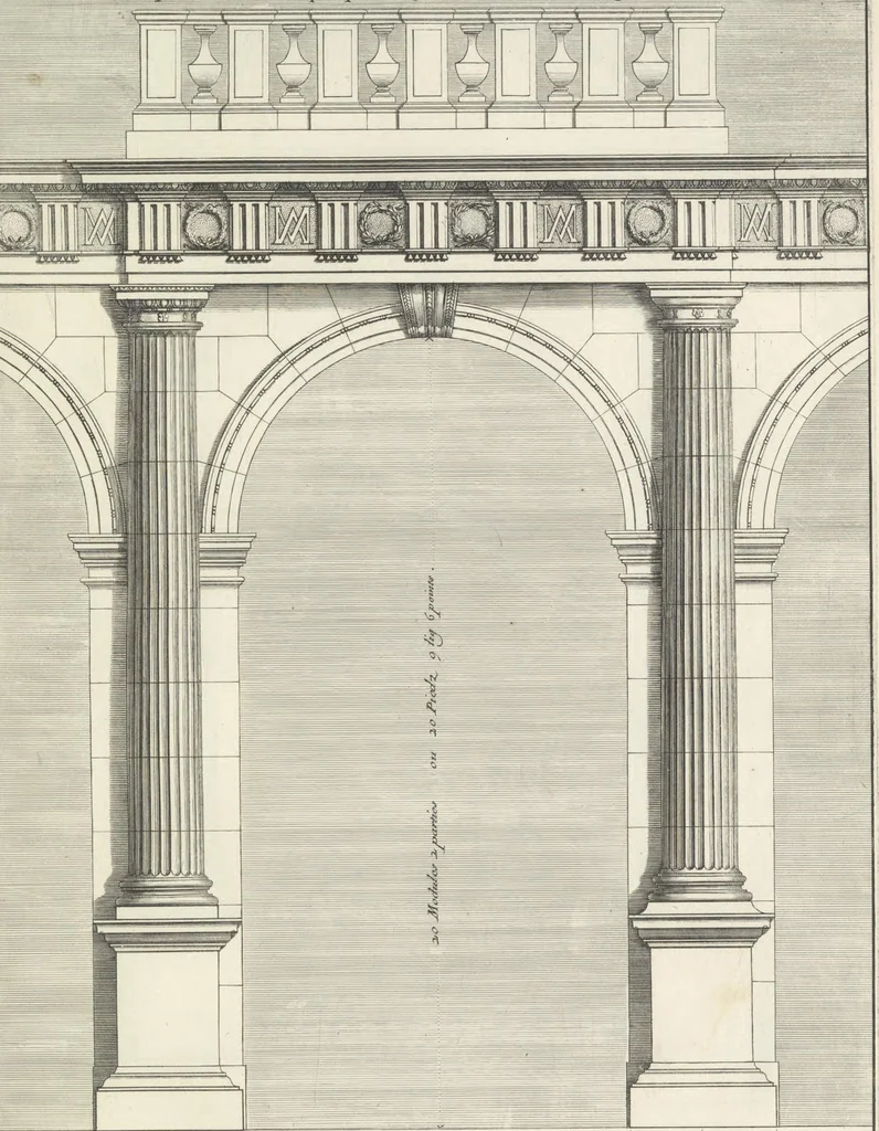 An illustration from Parallele de l'architectvre antiqve et de la moderne : avec vn recveil des dix principavx avthevrs qui ont écrit des cinq ordres ; sçauoir Palladio et Scamozzi, Serlio et Vignola, D. Barbaro et Cataneo, L.B. Alberti et Viola, Bvllant et De Lorme, comparez entre eux. Les trois ordres Grecs, le Doriqve, l'Ioniqve & le Corinthien, font la premiere partie de ce Traitté: Et les deux Latins, le Toscan & le Composite, en font la derniere, 1650, leaf 144