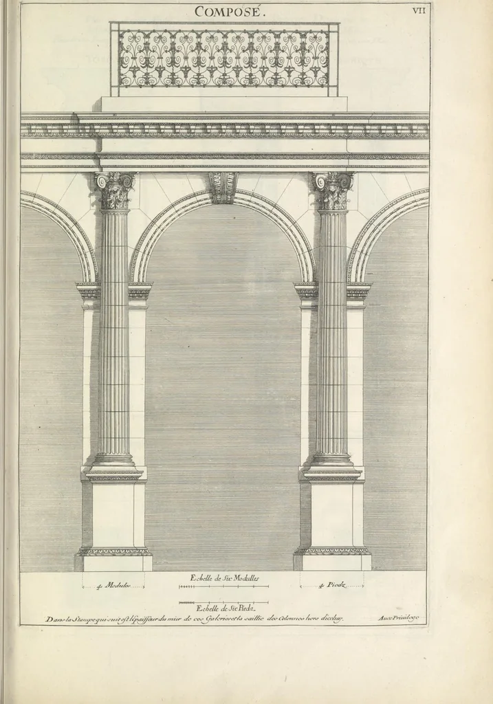 An illustration from Parallele de l'architectvre antiqve et de la moderne : avec vn recveil des dix principavx avthevrs qui ont écrit des cinq ordres ; sçauoir Palladio et Scamozzi, Serlio et Vignola, D. Barbaro et Cataneo, L.B. Alberti et Viola, Bvllant et De Lorme, comparez entre eux. Les trois ordres Grecs, le Doriqve, l'Ioniqve & le Corinthien, font la premiere partie de ce Traitté: Et les deux Latins, le Toscan & le Composite, en font la derniere, 1650, leaf 150