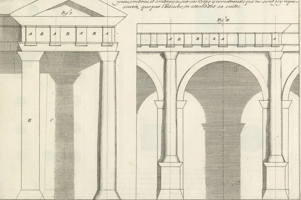 An illustration from Parallele de l'architectvre antiqve et de la moderne : avec vn recveil des dix principavx avthevrs qui ont écrit des cinq ordres ; sçauoir Palladio et Scamozzi, Serlio et Vignola, D. Barbaro et Cataneo, L.B. Alberti et Viola, Bvllant et De Lorme, comparez entre eux. Les trois ordres Grecs, le Doriqve, l'Ioniqve & le Corinthien, font la premiere partie de ce Traitté: Et les deux Latins, le Toscan & le Composite, en font la derniere, 1650, leaf 158