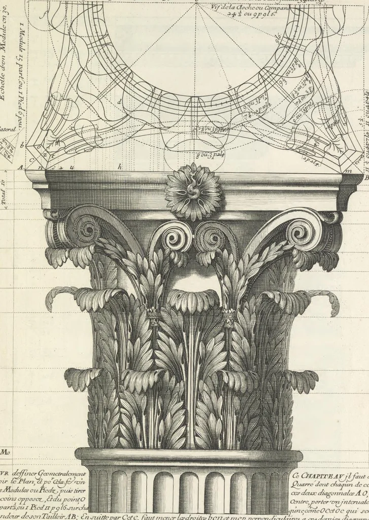 An illustration from Parallele de l'architectvre antiqve et de la moderne : avec vn recveil des dix principavx avthevrs qui ont écrit des cinq ordres ; sçauoir Palladio et Scamozzi, Serlio et Vignola, D. Barbaro et Cataneo, L.B. Alberti et Viola, Bvllant et De Lorme, comparez entre eux. Les trois ordres Grecs, le Doriqve, l'Ioniqve & le Corinthien, font la premiere partie de ce Traitté: Et les deux Latins, le Toscan & le Composite, en font la derniere, 1650, leaf 184