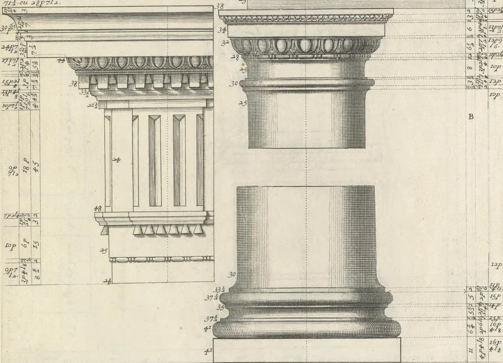 An illustration from Parallele de l'architectvre antiqve et de la moderne : avec vn recveil des dix principavx avthevrs qui ont écrit des cinq ordres ; sçauoir Palladio et Scamozzi, Serlio et Vignola, D. Barbaro et Cataneo, L.B. Alberti et Viola, Bvllant et De Lorme, comparez entre eux. Les trois ordres Grecs, le Doriqve, l'Ioniqve & le Corinthien, font la premiere partie de ce Traitté: Et les deux Latins, le Toscan & le Composite, en font la derniere, 1650, leaf 234