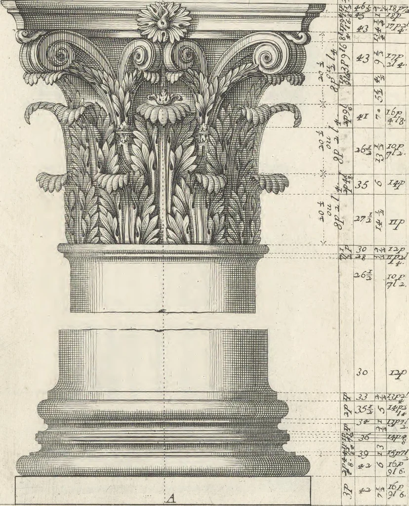 An illustration from Parallele de l'architectvre antiqve et de la moderne : avec vn recveil des dix principavx avthevrs qui ont écrit des cinq ordres ; sçauoir Palladio et Scamozzi, Serlio et Vignola, D. Barbaro et Cataneo, L.B. Alberti et Viola, Bvllant et De Lorme, comparez entre eux. Les trois ordres Grecs, le Doriqve, l'Ioniqve & le Corinthien, font la premiere partie de ce Traitté: Et les deux Latins, le Toscan & le Composite, en font la derniere, 1650, leaf 238